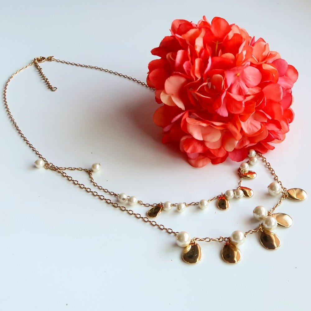 J. Crew Layered Gold Tone Necklace with White Pearls and Teardrop Charms Party